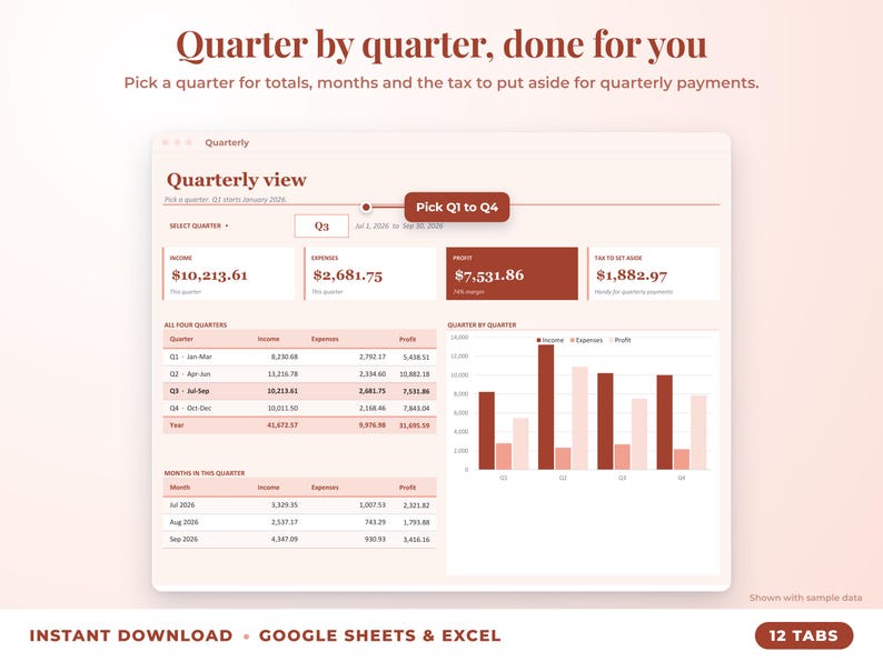 Quarterly view with quarter selector, quarterly totals, chart and tax set-aside