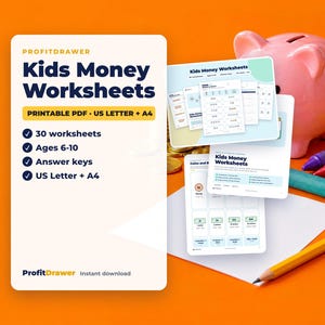 May include: A set of printable Kids Money Worksheets by ProfitDrawer featuring 30 pages for ages 6-10, including answer keys in US Letter and A4 formats. The display includes a pink piggy bank, colourful crayons, and a yellow pencil.