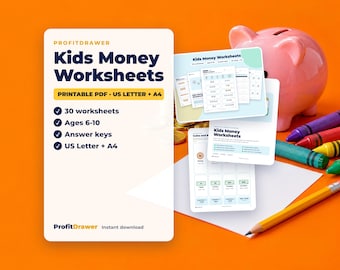 May include: A set of printable Kids Money Worksheets by ProfitDrawer featuring 30 pages for ages 6-10, including answer keys in US Letter and A4 formats. The display includes a pink piggy bank, colorful crayons, and a yellow pencil.
