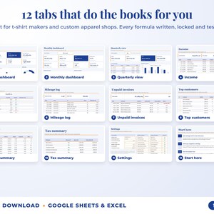 All 12 tabs of the bookkeeping spreadsheet: dashboards, income, expenses, mileage, unpaid invoices, top clients, tax summary