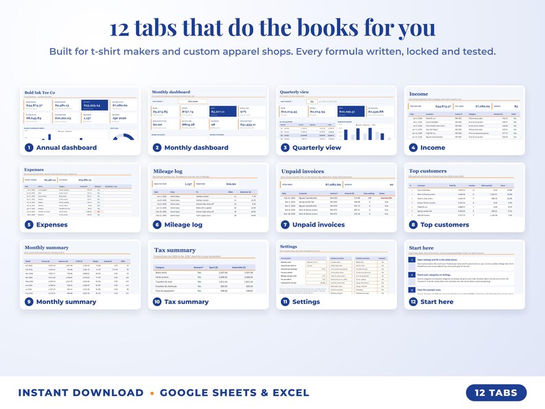 All 12 tabs of the bookkeeping spreadsheet: dashboards, income, expenses, mileage, unpaid invoices, top clients, tax summary
