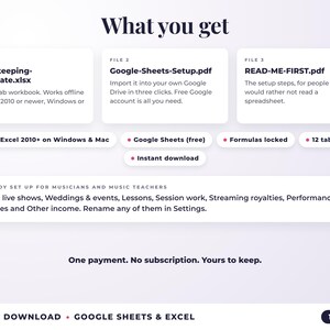 What is included: 12-tab Excel workbook, Google Sheets setup guide and read-me-first guide