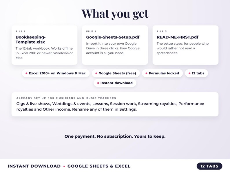What is included: 12-tab Excel workbook, Google Sheets setup guide and read-me-first guide