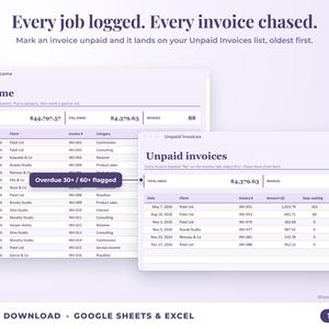 Income sheet and unpaid invoices list with overdue flags