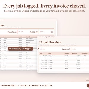Income sheet and unpaid invoices list with overdue flags