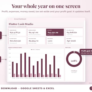 Annual dashboard with income, expenses, net profit, money owed, profit goal ring and category charts