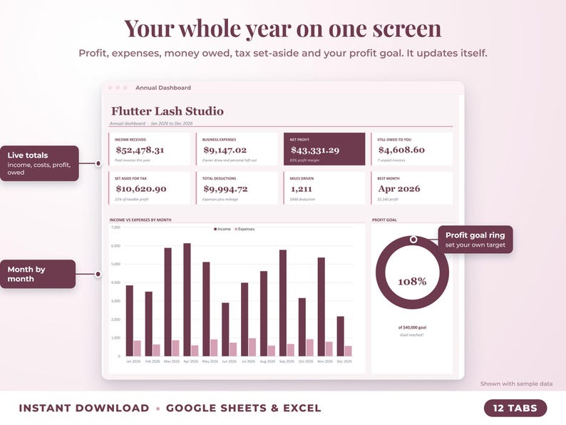 Annual dashboard with income, expenses, net profit, money owed, profit goal ring and category charts