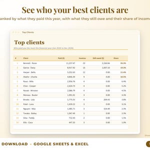 Top clients ranked by income with invoices, amount owed and share of income