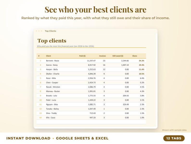 Top clients ranked by income with invoices, amount owed and share of income
