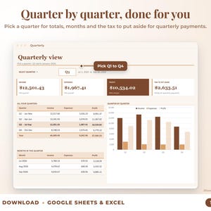 Quarterly view with quarter selector, quarterly totals, chart and tax set-aside