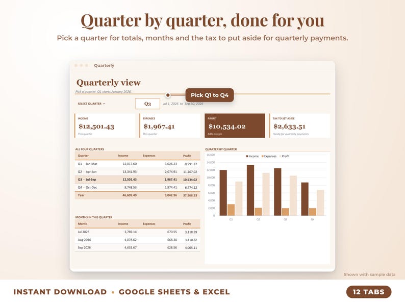 Quarterly view with quarter selector, quarterly totals, chart and tax set-aside