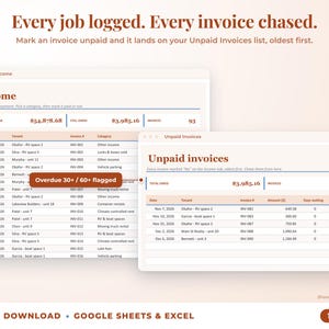 Income sheet and unpaid invoices list with overdue flags