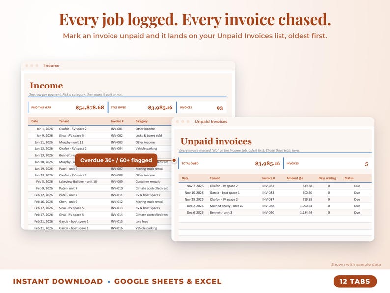 Income sheet and unpaid invoices list with overdue flags