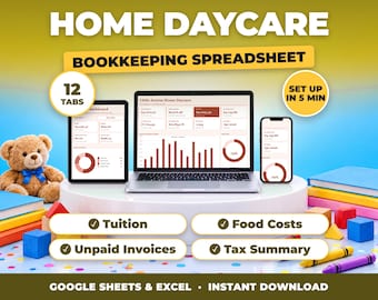 Kalkylblad för bokföring av daghem, undervisningsavgifter för dagis, inkomst- och utgiftsspårning, skattesammanfattning för barnomsorgsleverantörer (Google Sheets + Excel)
