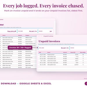 Income sheet and unpaid invoices list with overdue flags