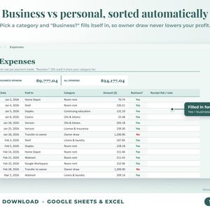 Expenses sheet where business or personal is filled in automatically from the category