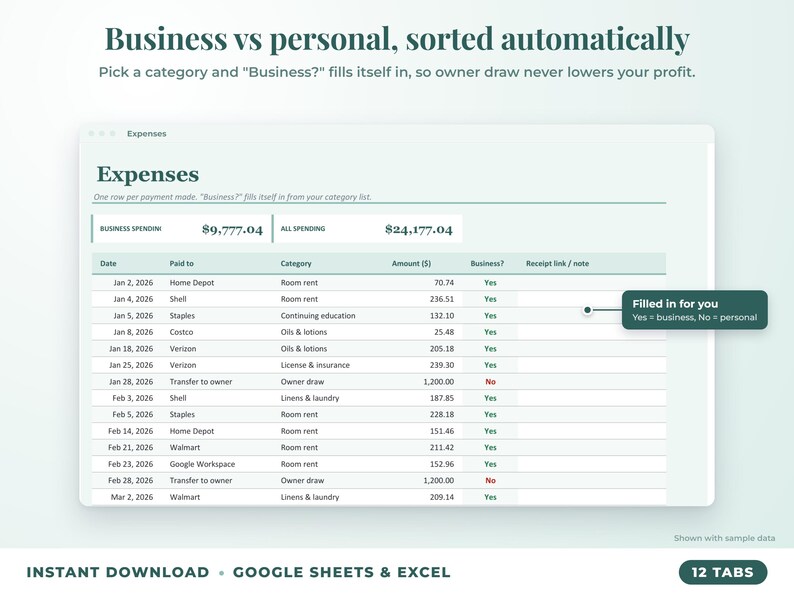 Expenses sheet where business or personal is filled in automatically from the category