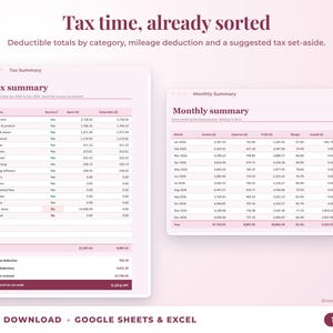 Tax summary with deductible totals, mileage deduction and suggested tax set-aside, plus monthly summary