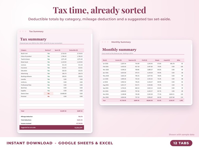 Tax summary with deductible totals, mileage deduction and suggested tax set-aside, plus monthly summary