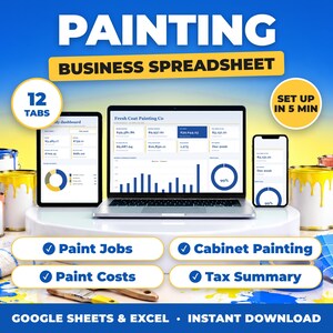 Painting bookkeeping spreadsheet for Google Sheets and Excel on laptop, tablet and phone