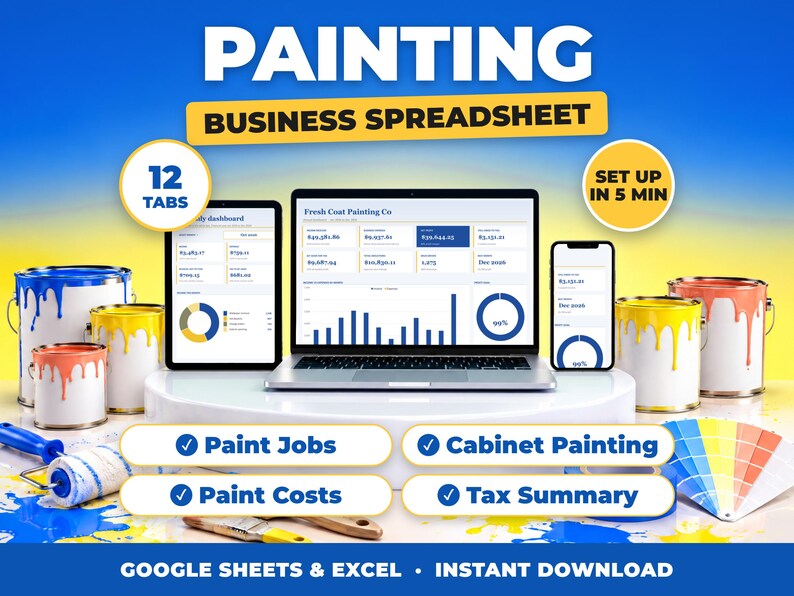 Painting bookkeeping spreadsheet for Google Sheets and Excel on laptop, tablet and phone