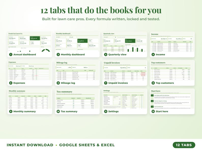 All 12 tabs of the bookkeeping spreadsheet: dashboards, income, expenses, mileage, unpaid invoices, top clients, tax summary