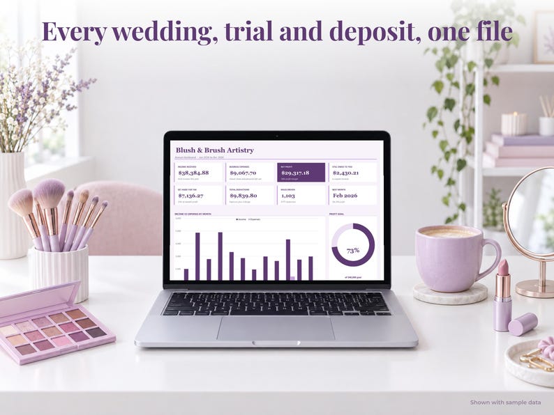 Makeup Artist bookkeeping spreadsheet annual dashboard open on a laptop on a desk