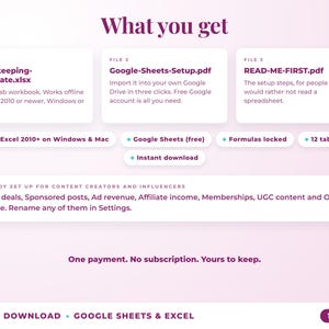 What is included: 12-tab Excel workbook, Google Sheets setup guide and read-me-first guide