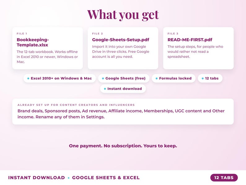 What is included: 12-tab Excel workbook, Google Sheets setup guide and read-me-first guide