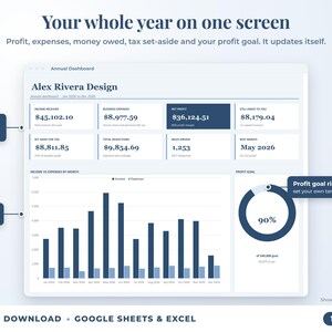 Annual dashboard with income, expenses, net profit, money owed, profit goal ring and category charts