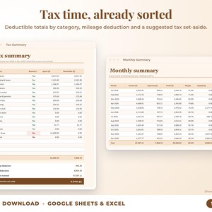 Tax summary with deductible totals, mileage deduction and suggested tax set-aside, plus monthly summary