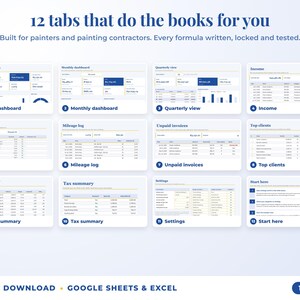 All 12 tabs of the bookkeeping spreadsheet: dashboards, income, expenses, mileage, unpaid invoices, top clients, tax summary