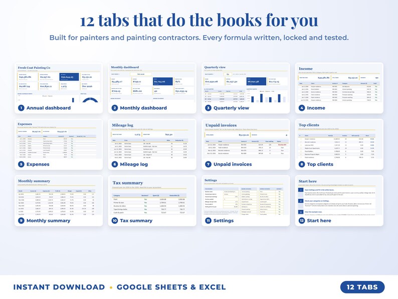 All 12 tabs of the bookkeeping spreadsheet: dashboards, income, expenses, mileage, unpaid invoices, top clients, tax summary