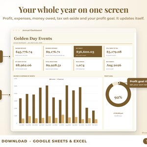 Annual dashboard with income, expenses, net profit, money owed, profit goal ring and category charts