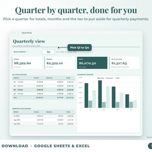 Quarterly view with quarter selector, quarterly totals, chart and tax set-aside