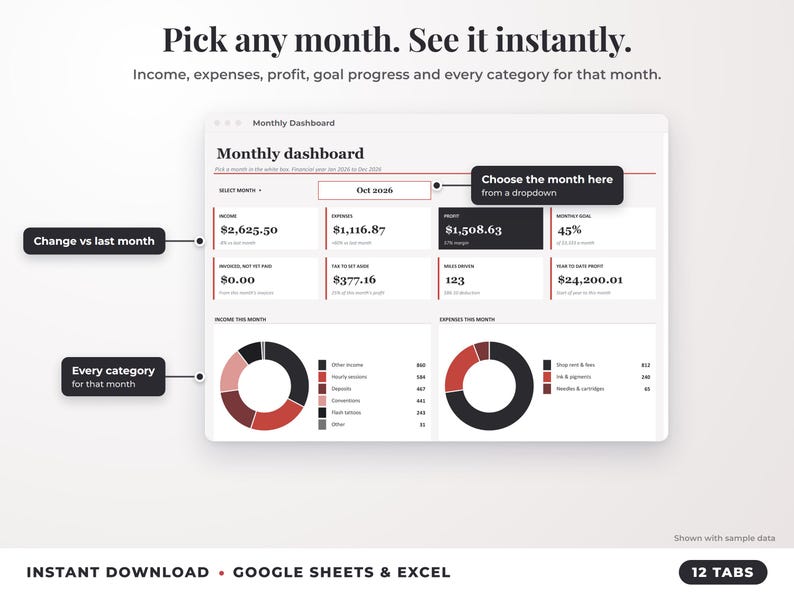 Monthly dashboard with a month dropdown, monthly profit, goal progress and category breakdown