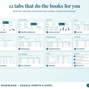 All 12 tabs of the bookkeeping spreadsheet: dashboards, income, expenses, mileage, unpaid invoices, top clients, tax summary