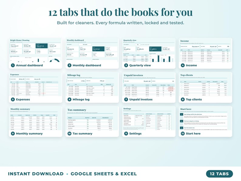 All 12 tabs of the bookkeeping spreadsheet: dashboards, income, expenses, mileage, unpaid invoices, top clients, tax summary