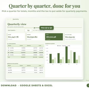 Quarterly view with quarter selector, quarterly totals, chart and tax set-aside