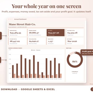 Annual dashboard with income, expenses, net profit, money owed, profit goal ring and category charts