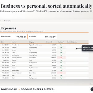 Expenses sheet where business or personal is filled in automatically from the category