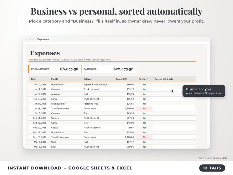 Expenses sheet where business or personal is filled in automatically from the category