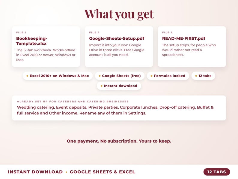 What is included: 12-tab Excel workbook, Google Sheets setup guide and read-me-first guide