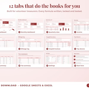 All 12 tabs of the bookkeeping spreadsheet: dashboards, income, expenses, mileage, unpaid invoices, top clients, tax summary