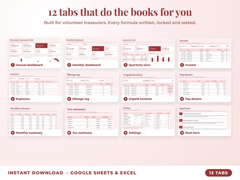 All 12 tabs of the bookkeeping spreadsheet: dashboards, income, expenses, mileage, unpaid invoices, top clients, tax summary