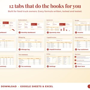 All 12 tabs of the bookkeeping spreadsheet: dashboards, income, expenses, mileage, unpaid invoices, top clients, tax summary