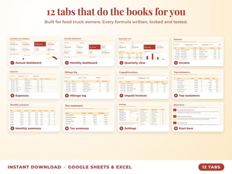 All 12 tabs of the bookkeeping spreadsheet: dashboards, income, expenses, mileage, unpaid invoices, top clients, tax summary