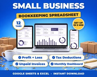 Hoja de cálculo de contabilidad sencilla, rastreador de deducciones fiscales para pequeñas empresas, rastreador de ingresos, gastos y ganancias para LLC (Google Sheets + Excel)