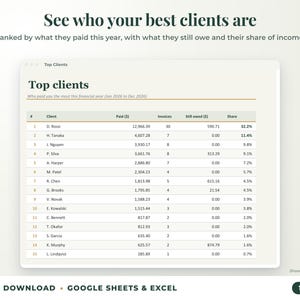 Top clients ranked by income with invoices, amount owed and share of income