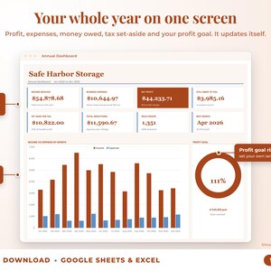 Annual dashboard with income, expenses, net profit, money owed, profit goal ring and category charts
